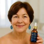 Mujer sonriente con serum Infinity Love solución líquida 20 ml, botella ámbar con gotero dorado.