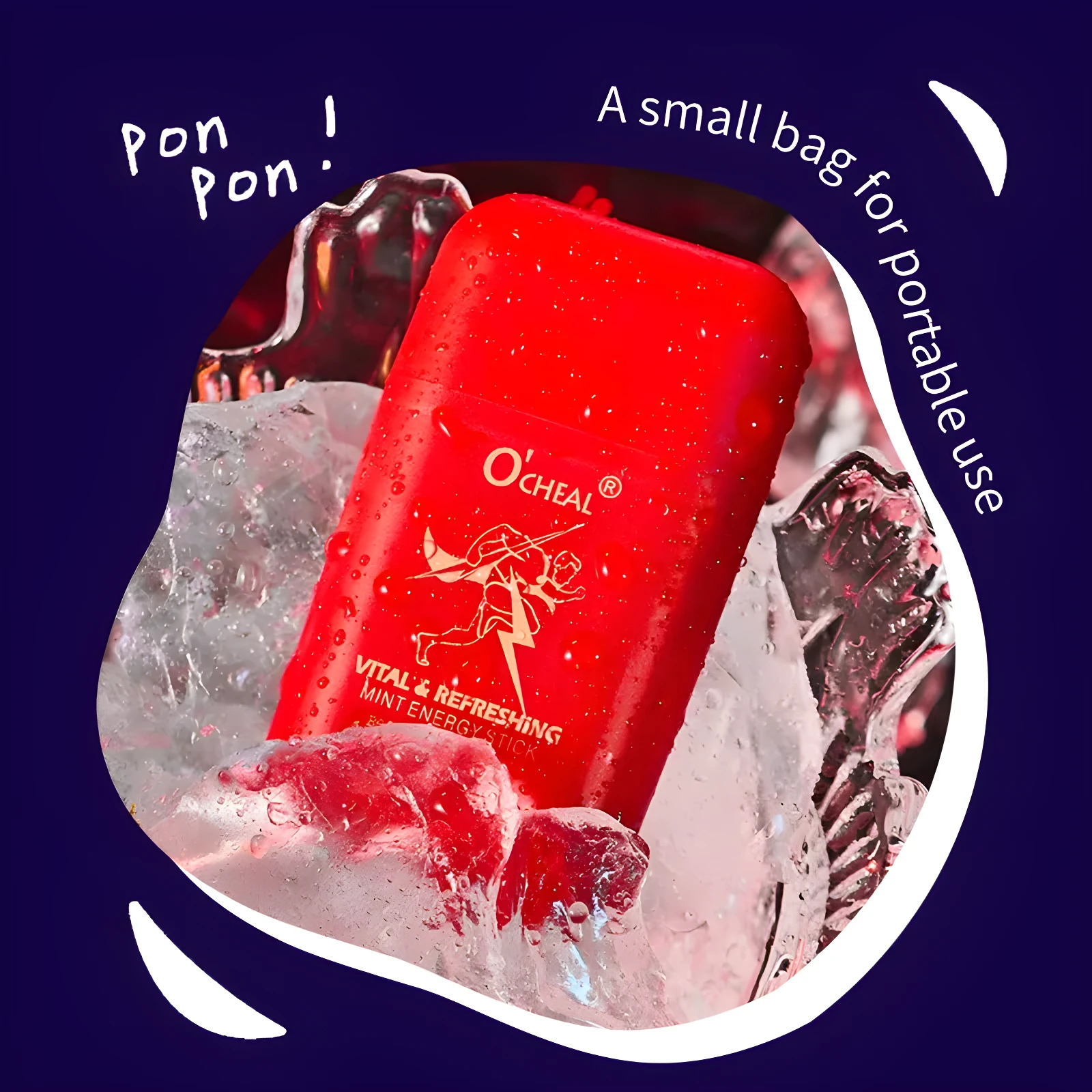 Inhalador O'cheal rojo con diseño de corredor, rodeado de hielo, para uso portátil.
