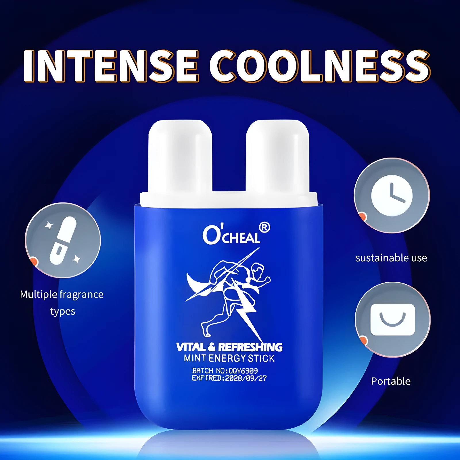 Inhalador O'Cheal menta energía, refrescante y portátil con uso sostenible.