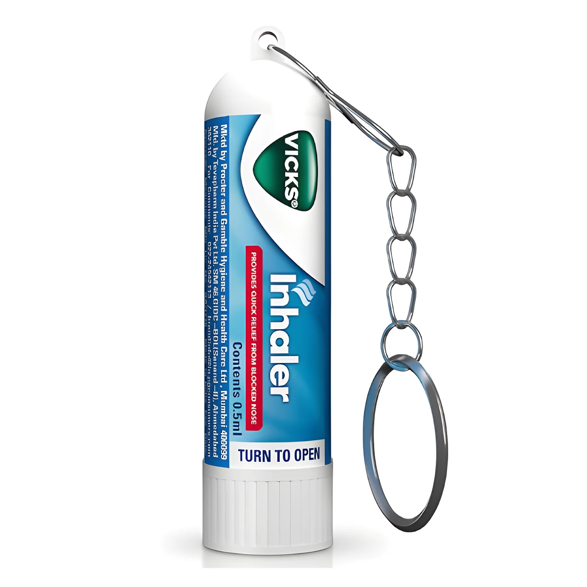 Inhalador Vick Vaporub portátil con llavero, color blanco y azul.