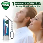 Inhalador Vick portátil con cadena, para descongestionar la nariz, fondo de personas relajadas.