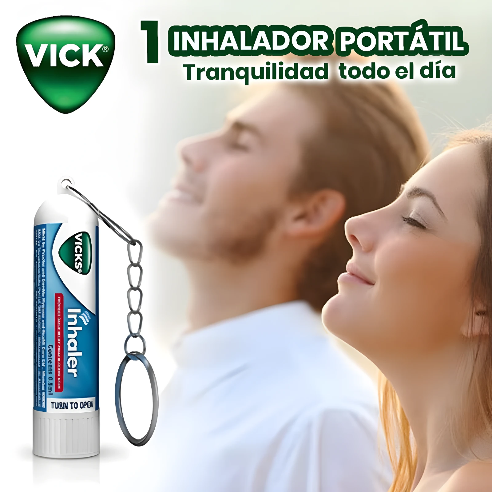 Inhalador Vick portátil con cadena, para descongestionar la nariz, fondo de personas relajadas.