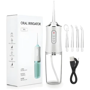 Irrigador dental sónico portátil blanco y verde de 230 ml con accesorios y cable USB.