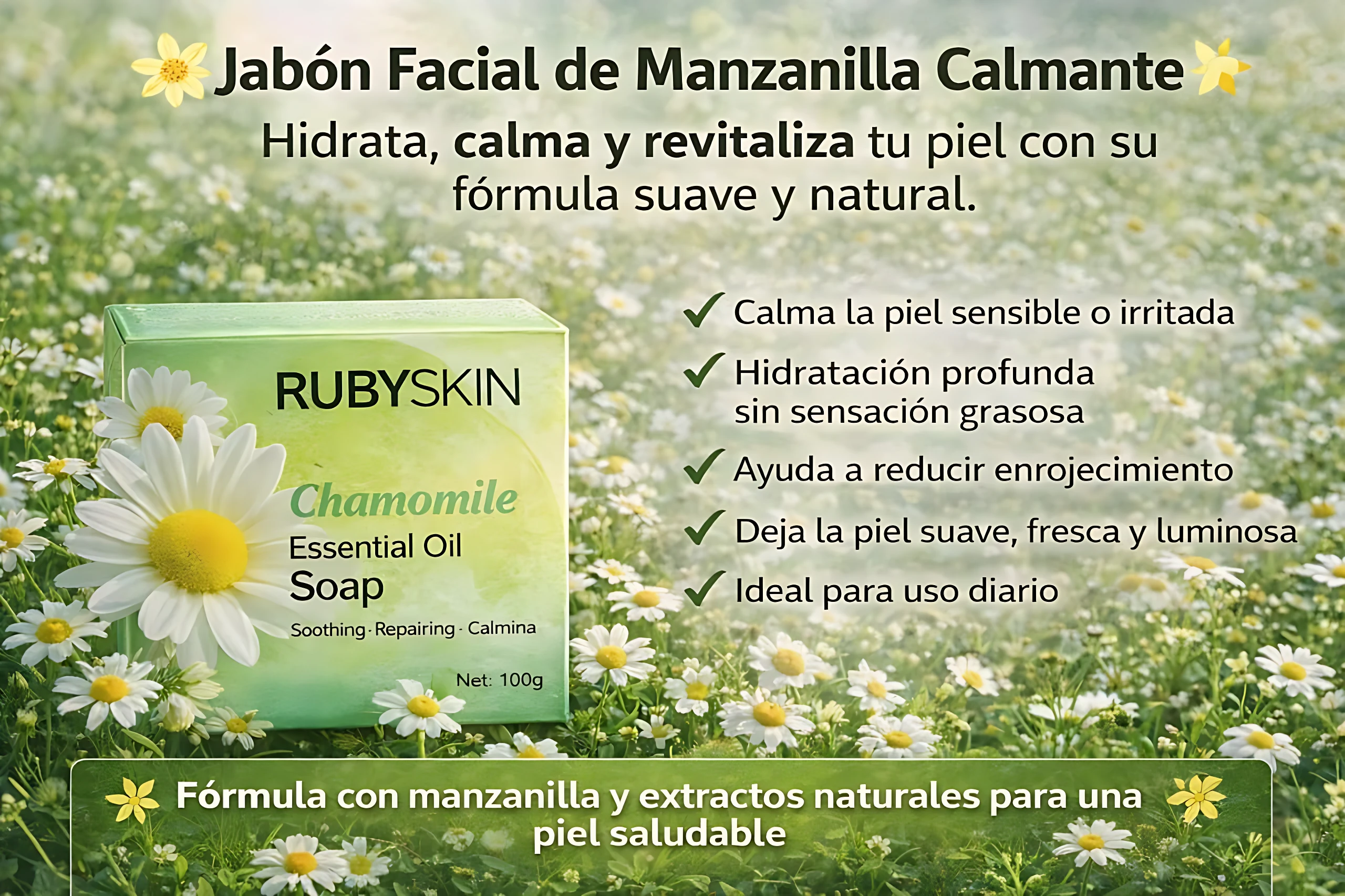 Jabón facial Rubyskin de manzanilla, 100g, calma e hidrata piel sensible con fórmula natural.