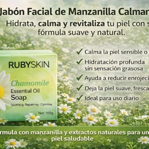 Jabón facial Rubyskin de manzanilla, calma e hidrata piel sensible, ideal para uso diario. Net. 100g.