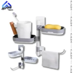 Set de jaboneras giratorias de pared grises con porta toalla y porta cepillos, ideal para baño.