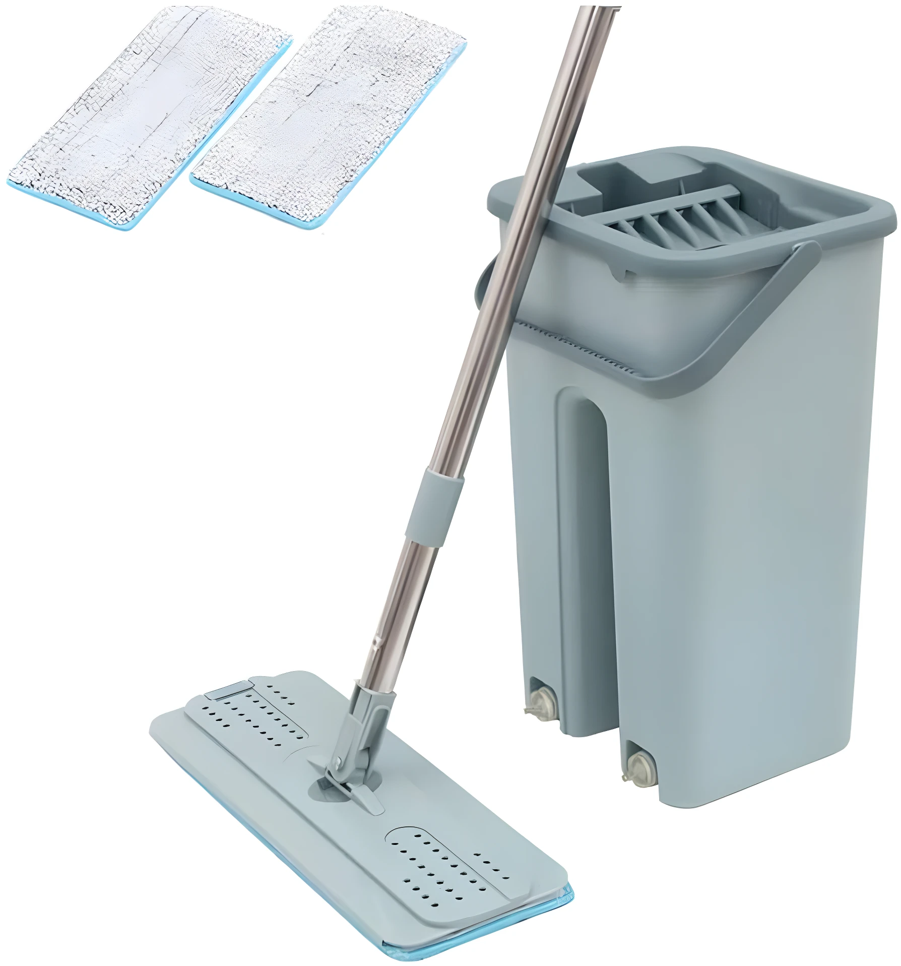 Trapeador gris con balde de lavado y dos paños de microfibra, sistema manos libres.
