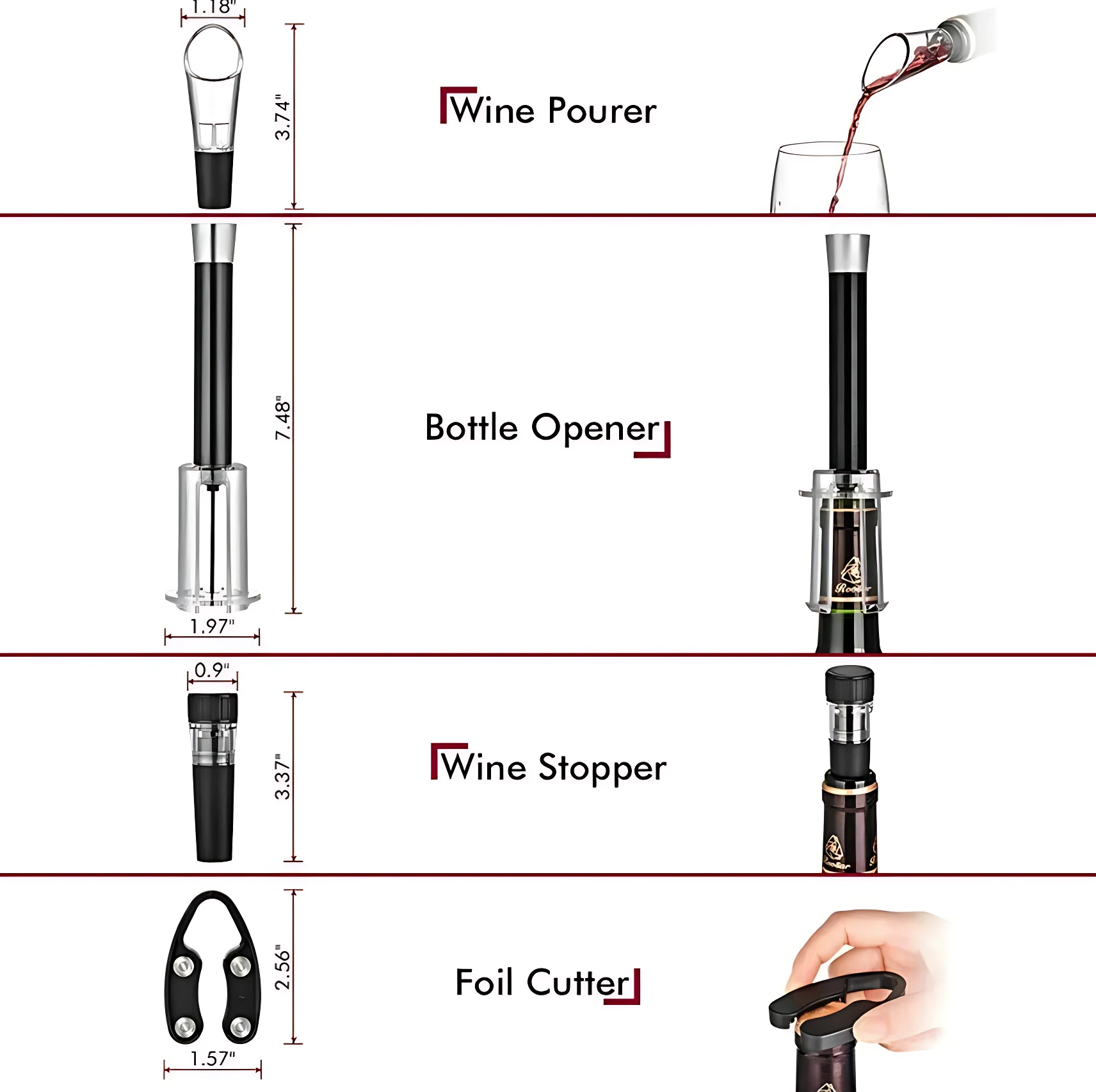Set de accesorios para vino: aireador 3.74", abridor 7.48", tapón 3.37" y cortador cápsula 2.56".