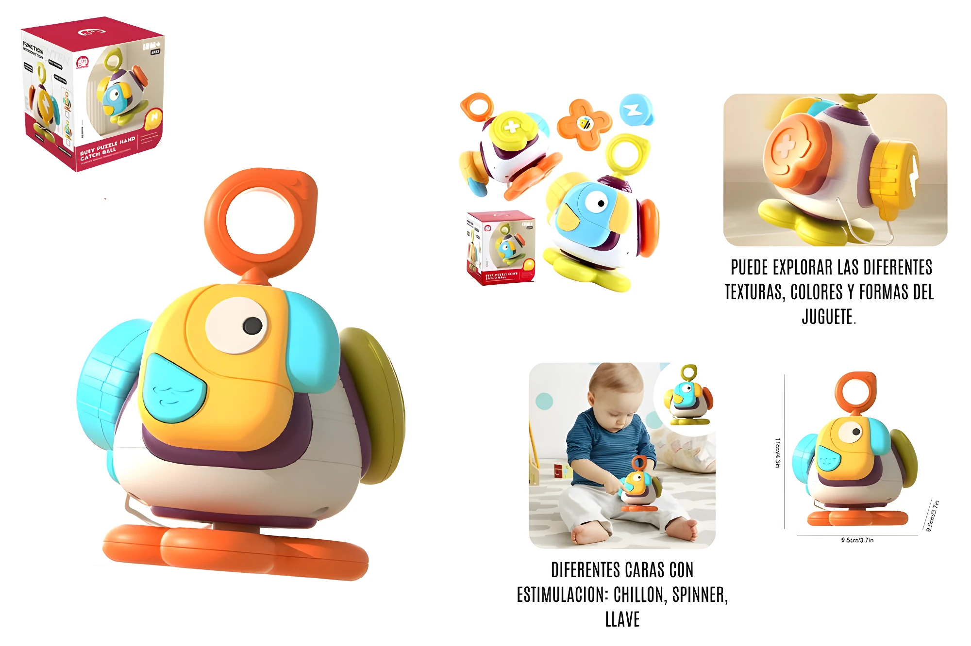 Juguete Montessori para bebé 5 en 1 con diseño de pájaro multicolor, promueve habilidades y coordinación.