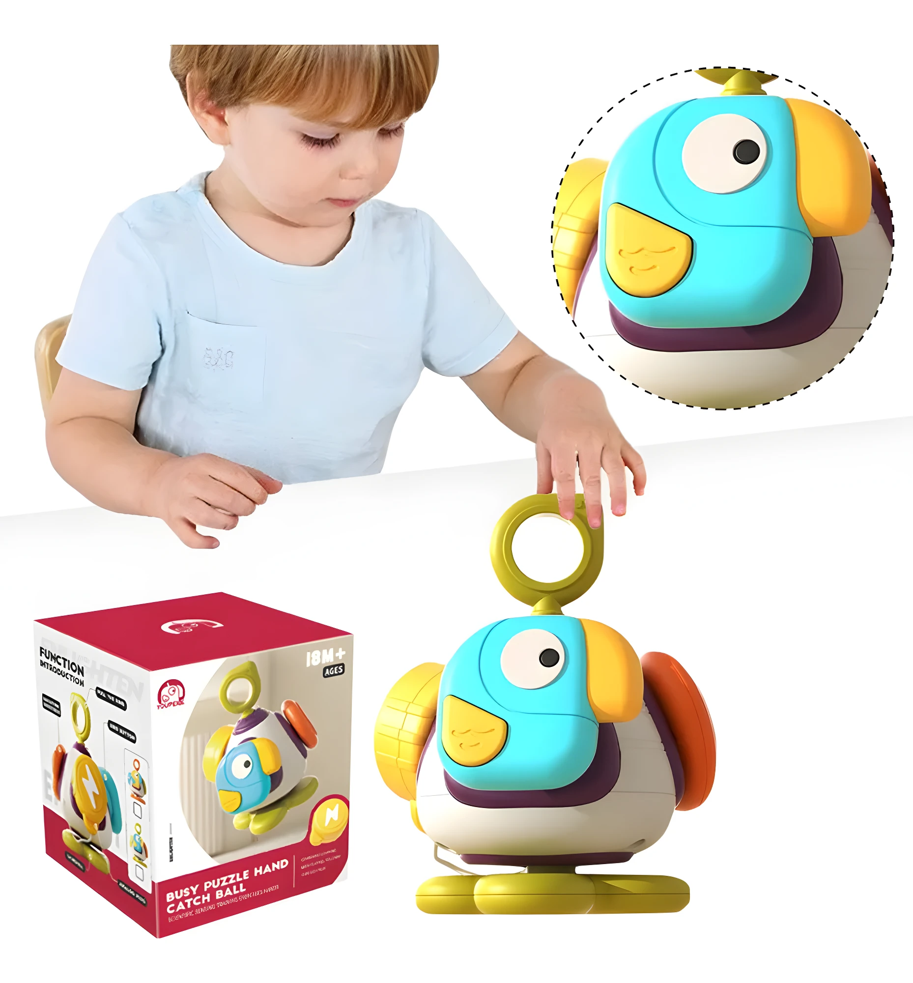 Juguete de pájaro azul y amarillo 5 en 1 para bebés, estimula habilidades y coordinación.