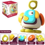 Juguete de desarrollo para bebés, un pájaro multicolor con cinco funciones: aro, enchufe, botón, rotación inversa y molino de viento.