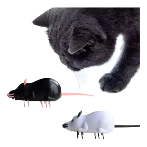 Gato gris observando ratones de juguete interactivos negros y blancos, para entretenimiento felino.