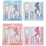 Kit aseo bebé azul y rosa con cepillo, peine, tijeras, cortaúñas y lima.