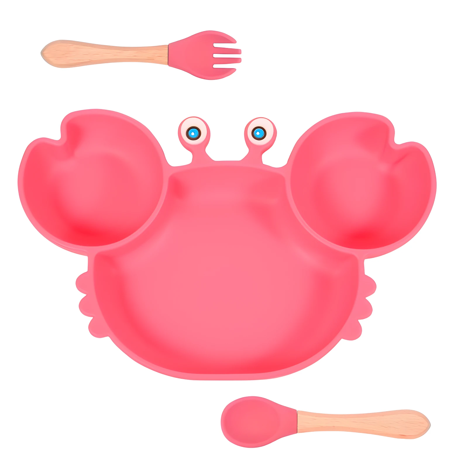 Vajilla adherente rosa para bebé en forma de cangrejo, con tenedor y cuchara de madera.