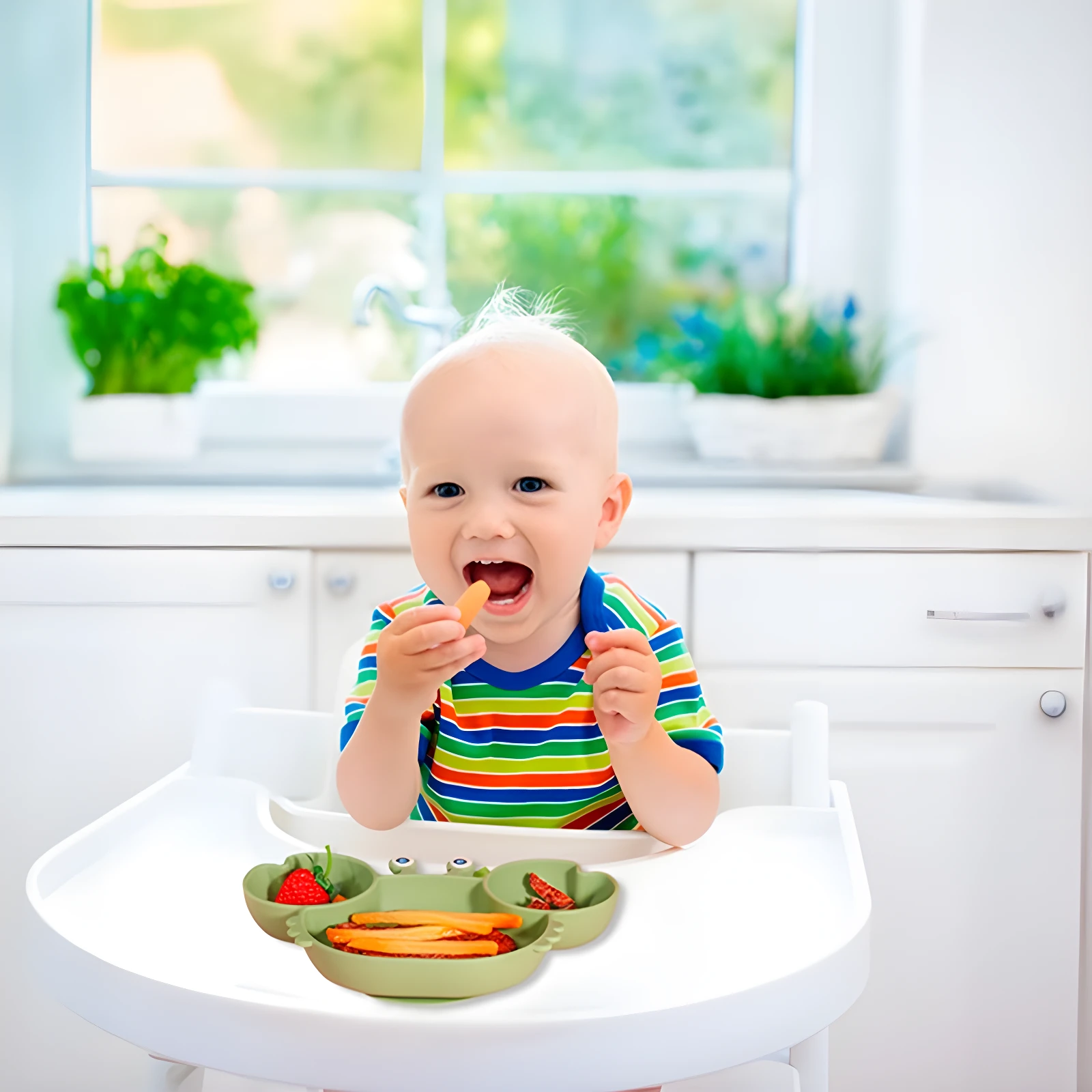Niño en trona comiendo con kit de vajilla adherente verde con forma de cangrejo, fresa y palitos de zanahoria.