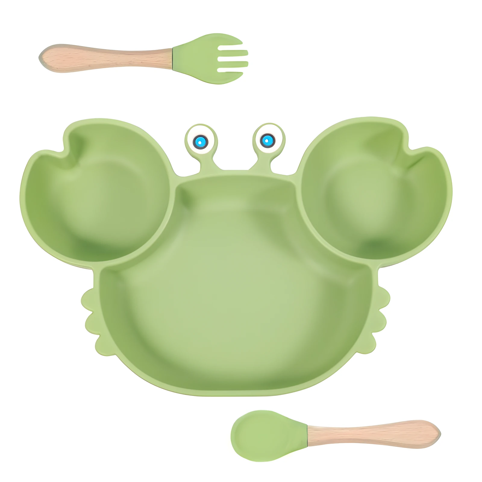 Vajilla adherente verde en forma de cangrejo con tenedor y cuchara de madera para bebés.