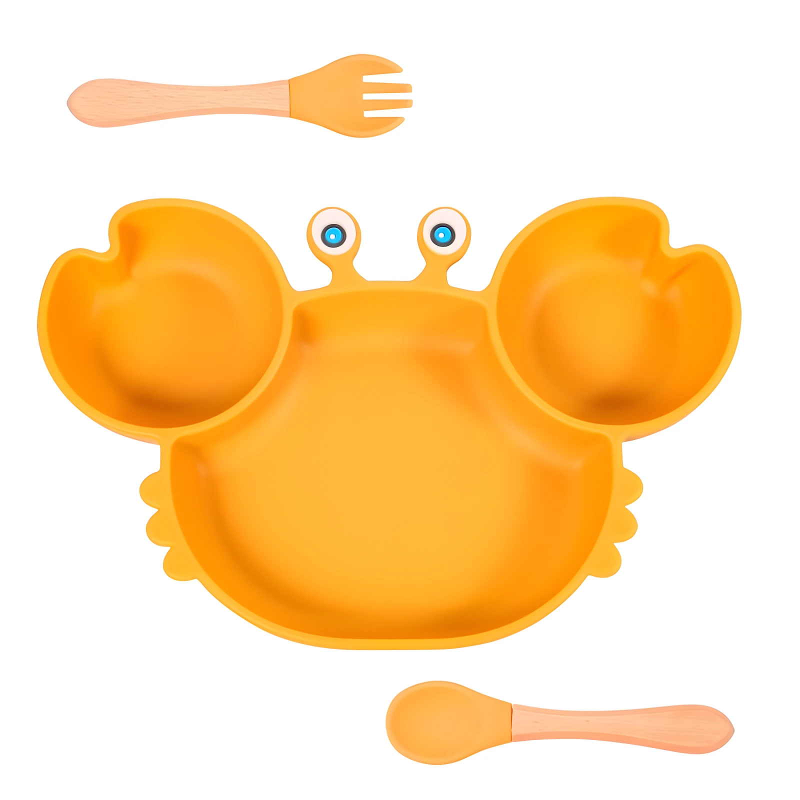 Vajilla adherente naranja en forma de cangrejo con cubiertos de madera.