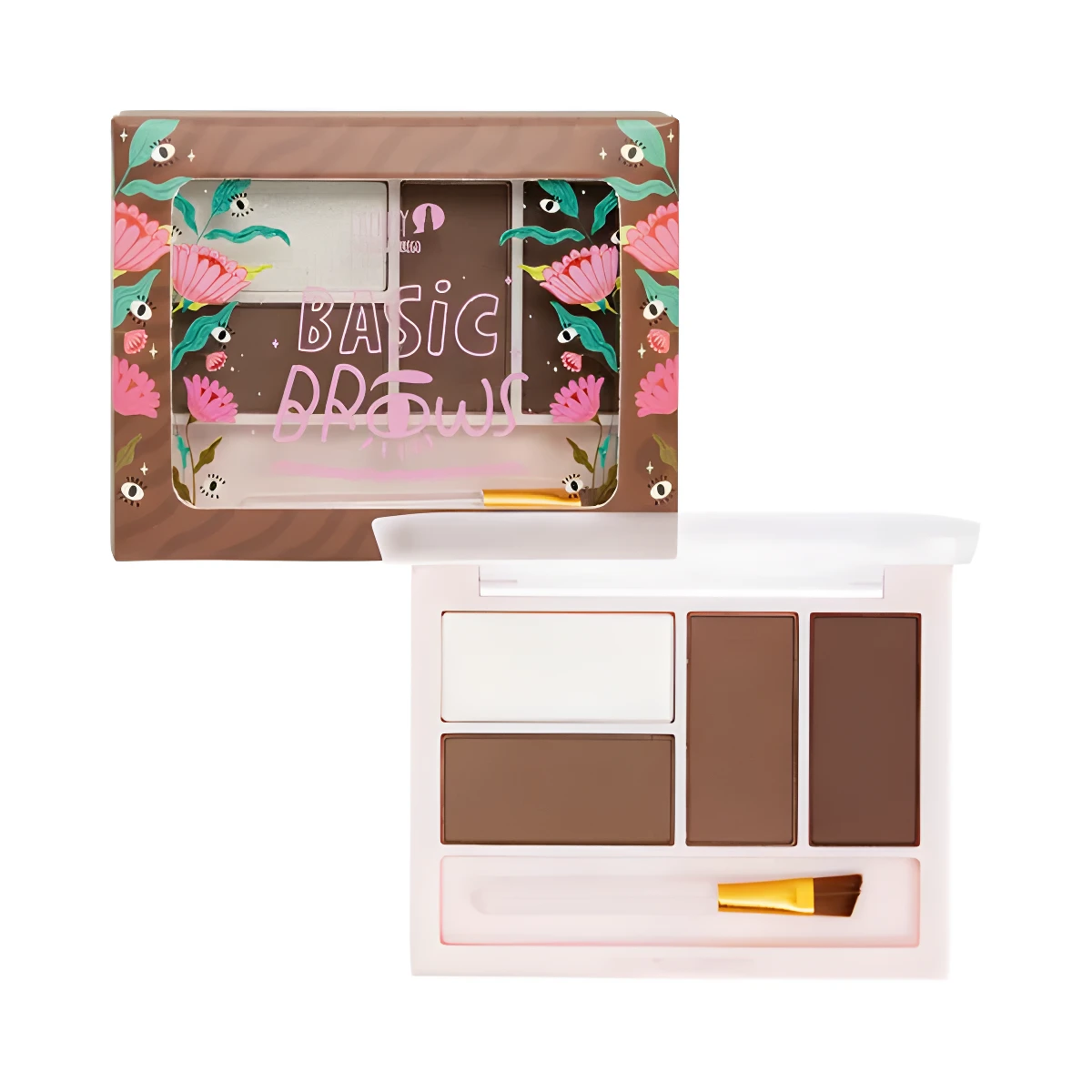 Set de cejas Basic Brows rosado con tres tonos y brocha, empaque marrón floral.