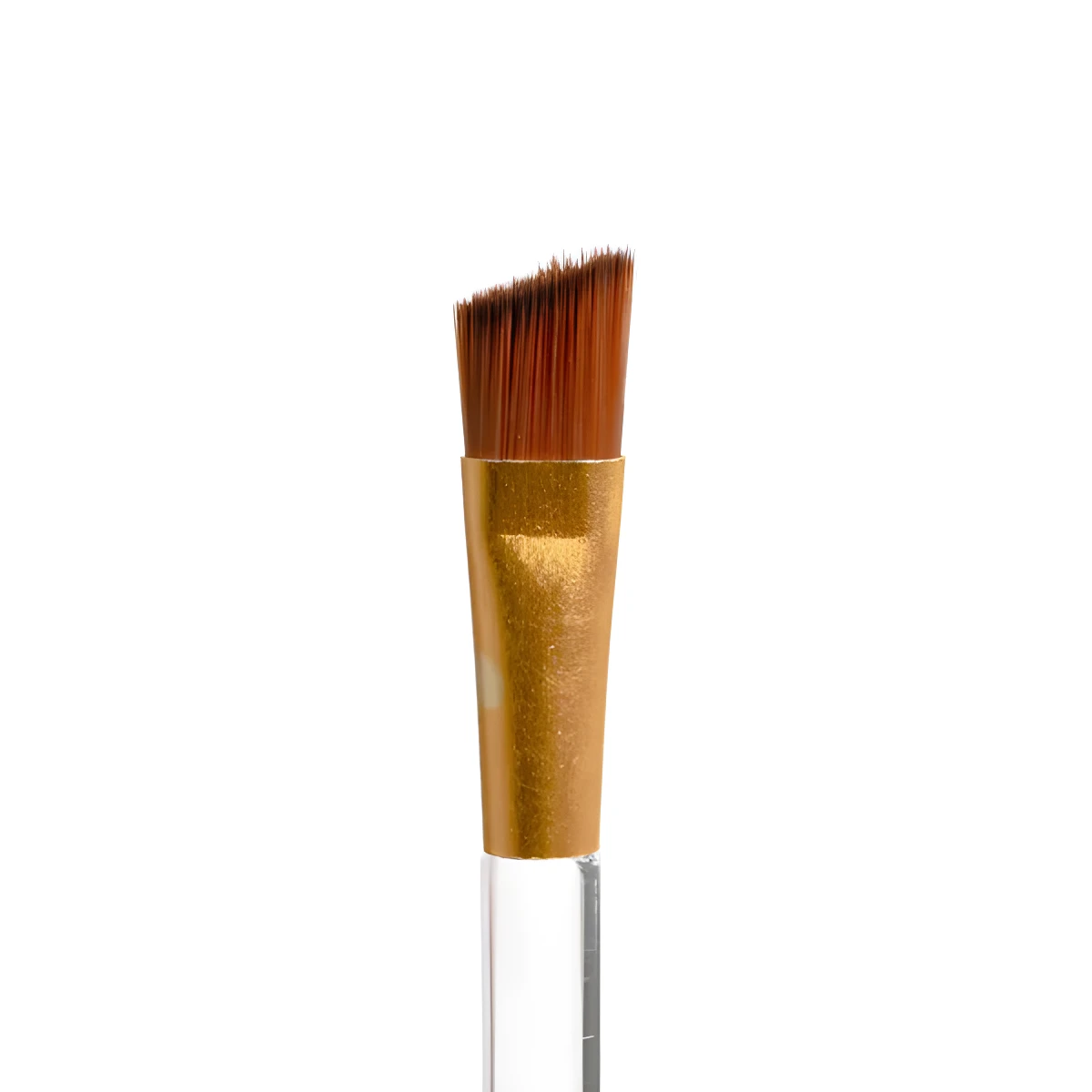 Brocha angular para cejas con mango transparente y virola dorada.