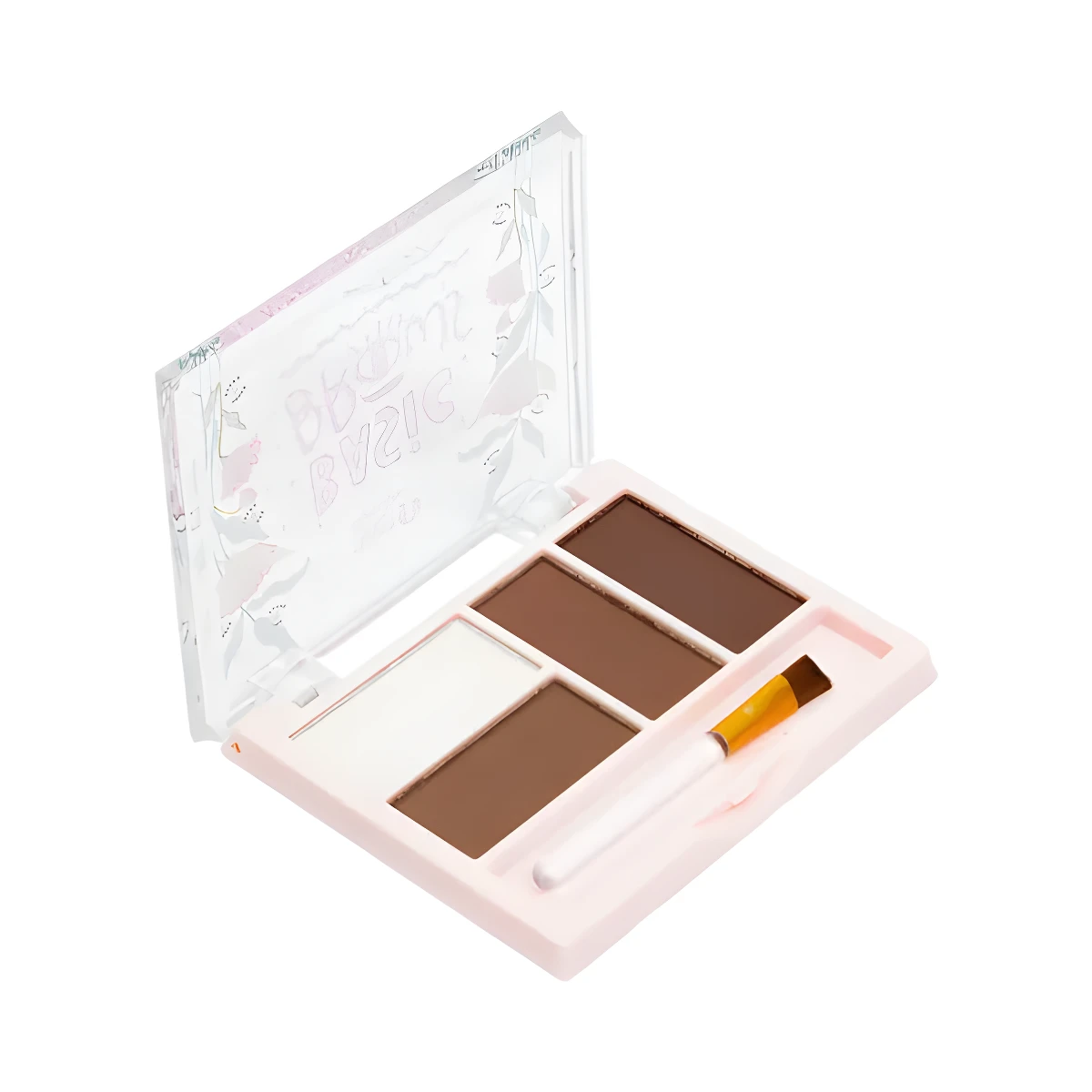 Kit de cejas Basic Brows con dos tonos marrones y aplicador en estuche transparente con diseño floral.