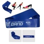 Banda de resistencia azul "Wonder Band" para ejercicios, 17 LBS. Se aprecian ejercicios y detalles del producto.