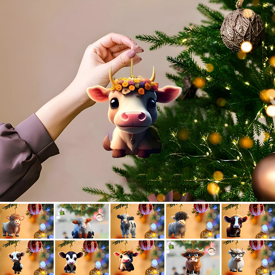 Kit 10 colgantes de vaquitas de peluche con flores en la cabeza, ideales para decorar árboles de Navidad.
