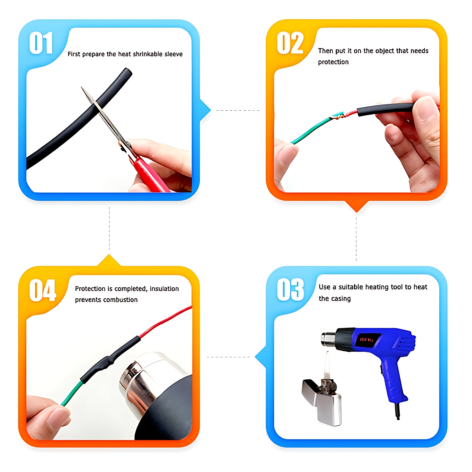 Set x2 kit protector cables termorretráctiles, con cable y encendedor para calor, protege y aisla conexiones.