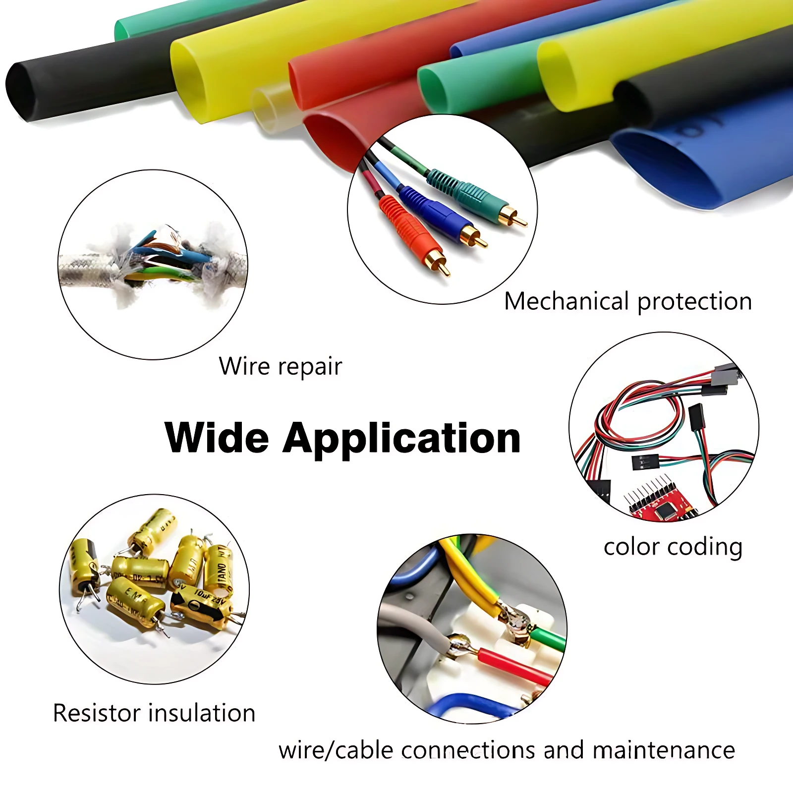 Set de tubos termorretráctiles de colores: negro, amarillo, rojo, verde, azul, para reparar, aislar y organizar cables.