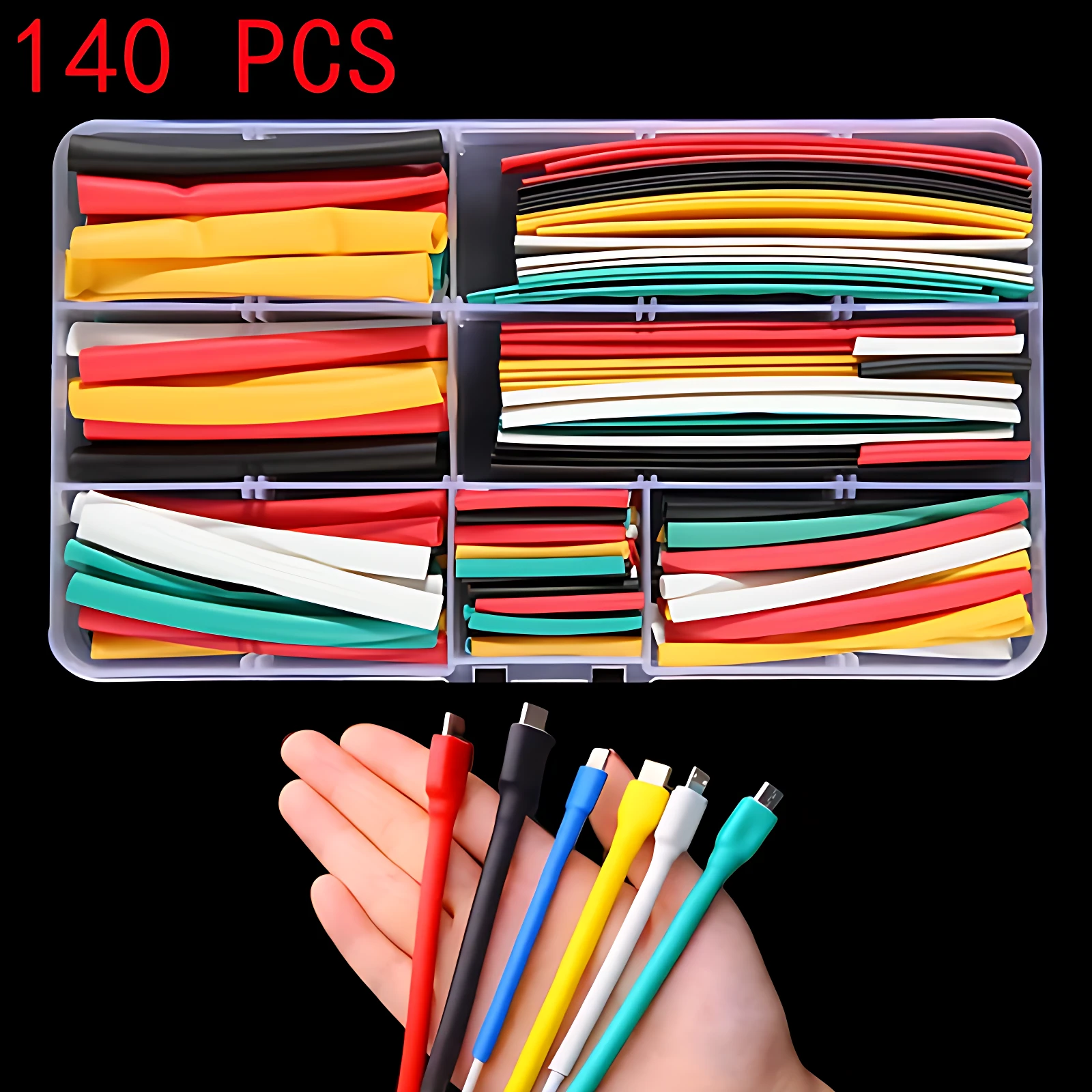 Caja 140 piezas tubos termorretráctiles colores varios para proteger cables.
