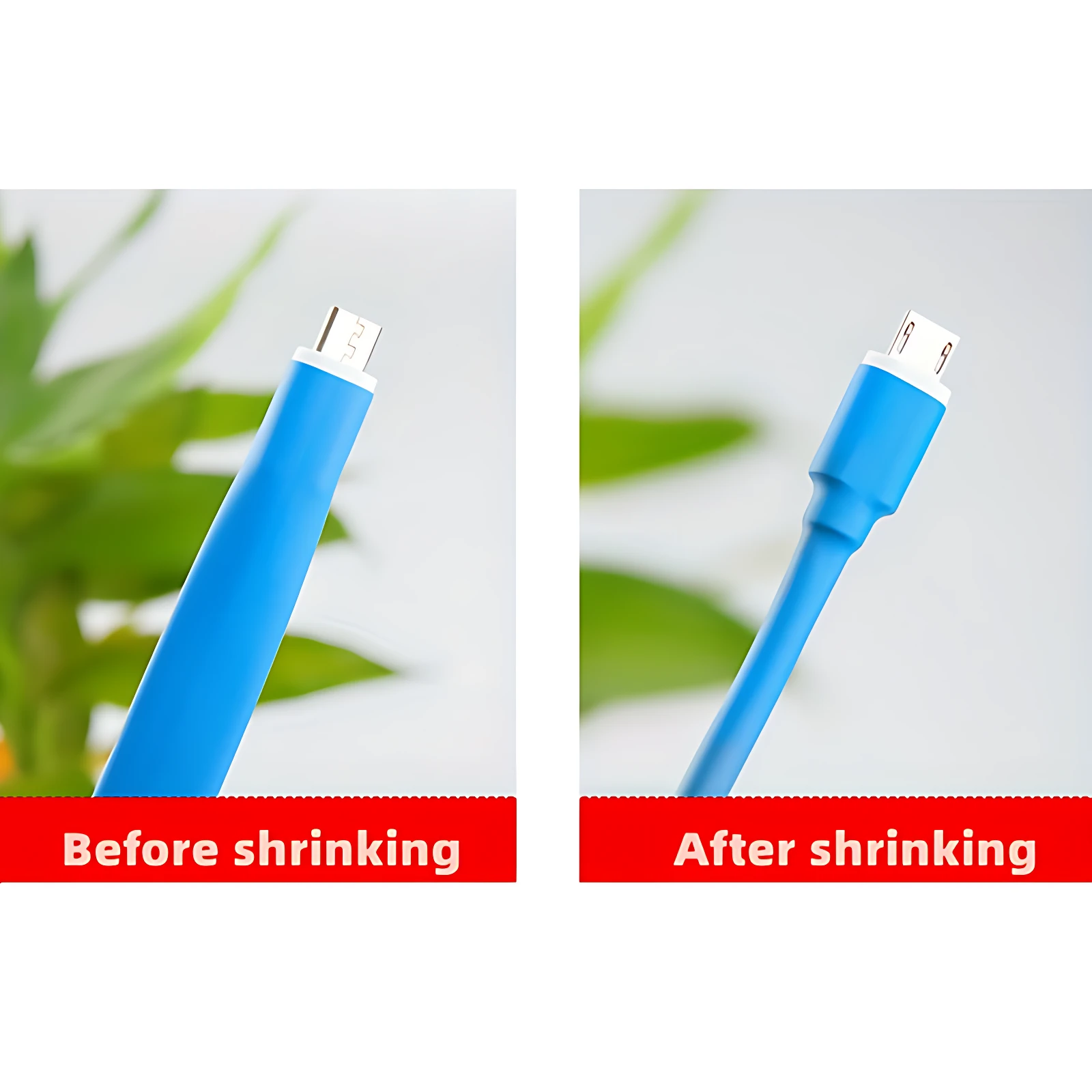 Cable azul micro USB antes y después de aplicar protector termorretráctil.