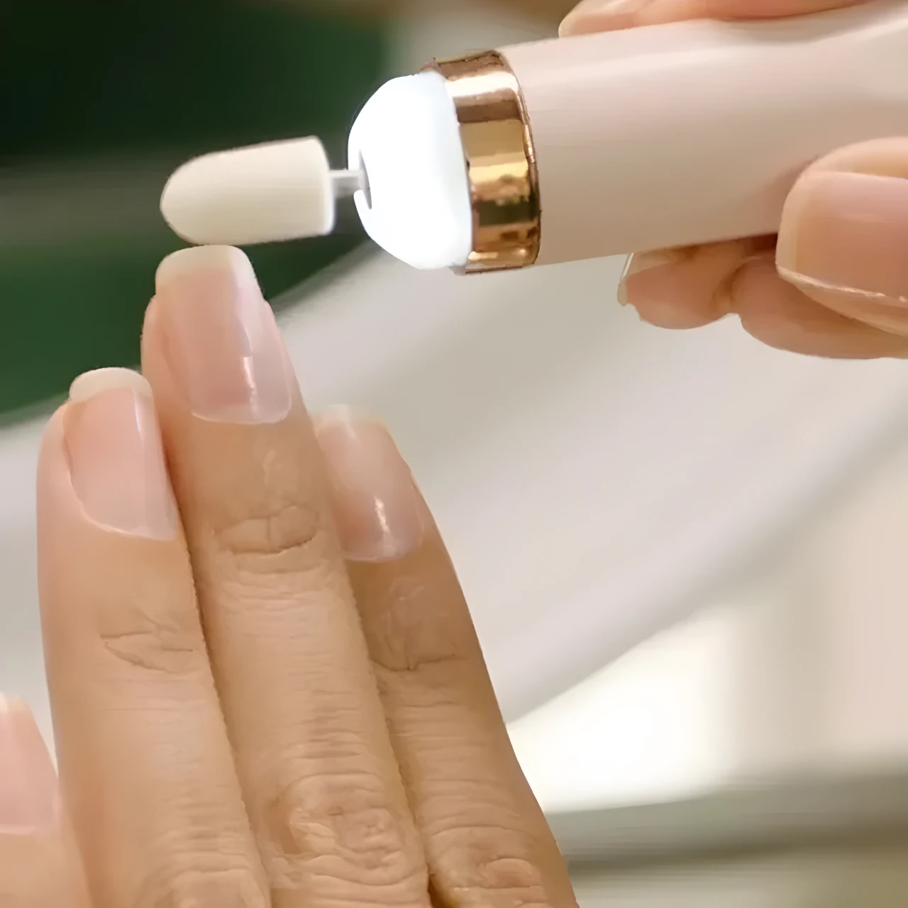 Kit pulidor de uñas recargable, perfilando la punta de una uña natural con accesorio cónico.