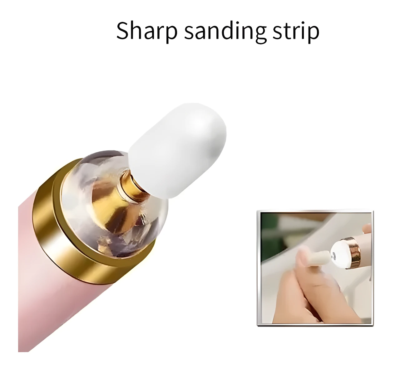 Kit pulidor de uñas eléctrico rosa con punta de lijado cónica blanca en uso.