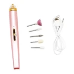 Kit pulidor de uñas recargable rosa, 5 puntas intercambiables y cable USB.