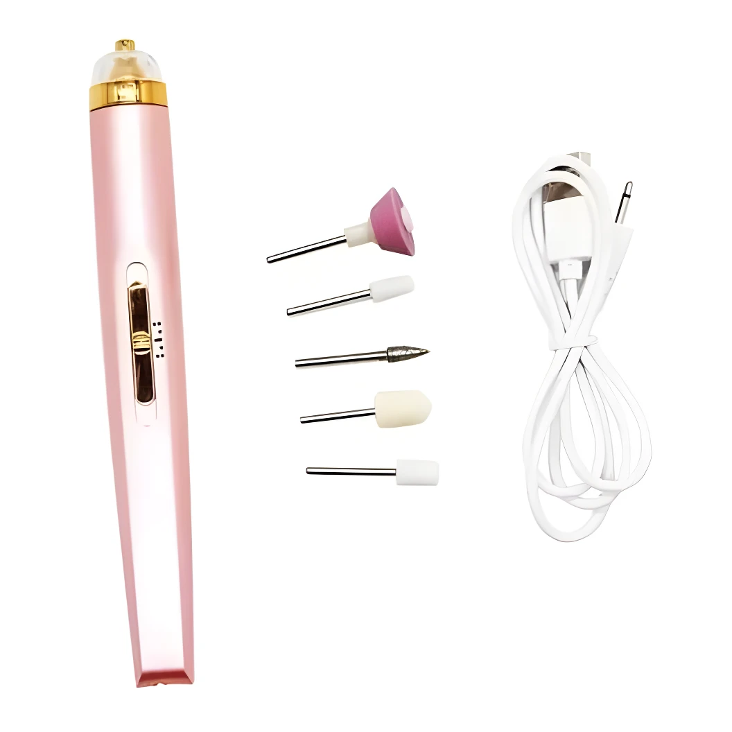 Kit pulidor de uñas recargable rosa, 5 puntas intercambiables y cable USB.