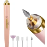 Kit pulidor de uñas recargable rosa con 6 brocas, control de velocidad e indicador LED.