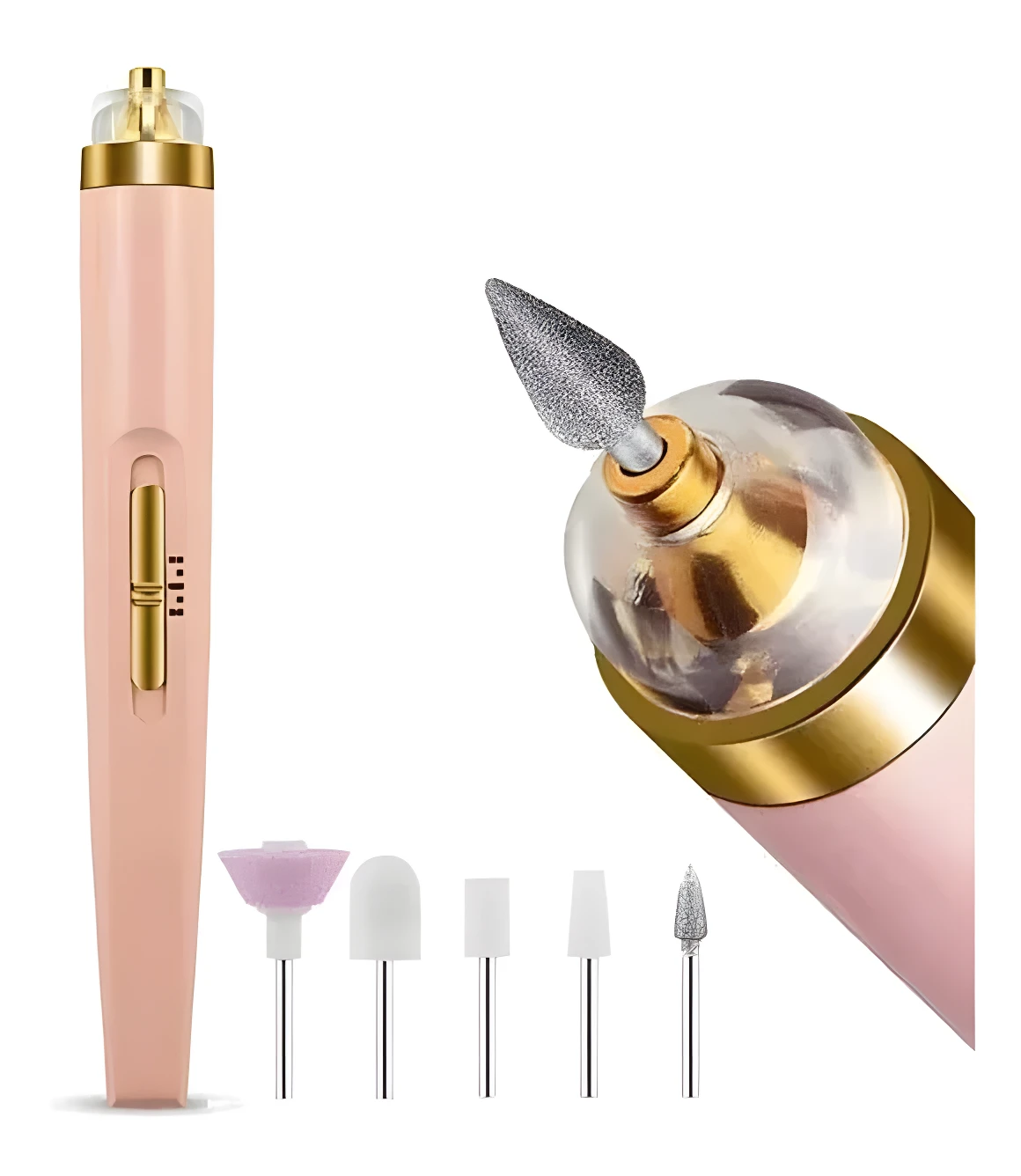 Kit pulidor de uñas recargable rosa con 6 brocas, control de velocidad e indicador LED.