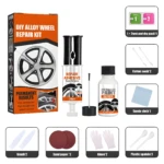 Kit reparador rines con adhesivo y pintura plateada, incluye: brocha, lijas, guantes, paños, hisopos y espátulas.