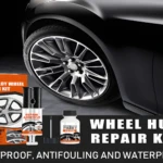 Kit reparador plateado para rines de auto. Incluye pintura, adhesivo y aplicadores.