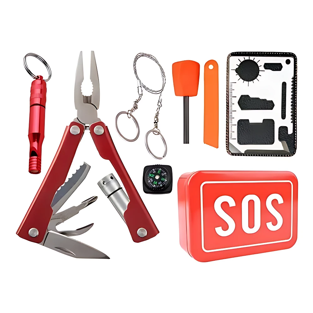 Kit supervivencia SOS rojo: multiherramienta, pito, brújula, encendedor, tarjeta multifunción y caja metálica.