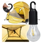Lámpara colgante recargable tipo bombilla LED, ideal para carpas amarillas con gancho de sujeción.