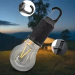 Lámpara colgante LED recargable estilo bombilla vintage con gancho mosquetón y puerto USB tipo C.