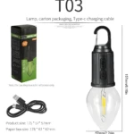 Lámpara LED de camping T03 recargable, con gancho y puerto tipo C, luz cálida.