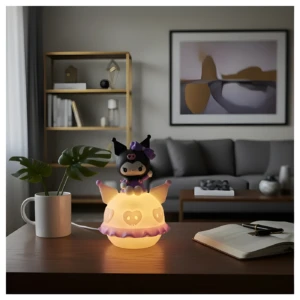 Lámpara led Kawaii Kuromi con figura sentada, luz cálida y corazón blanco.