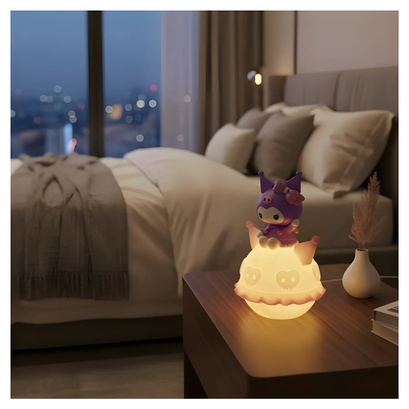 Lámpara LED Kawaii Kuromi morada, forma redonda con corazónes, para mesita de noche.
