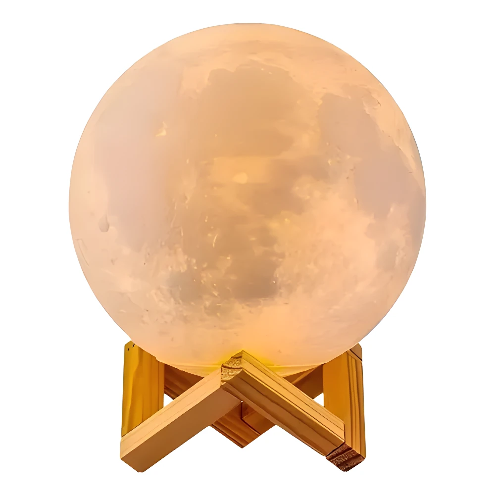 Lámpara LED luna 15cm con base de madera, luz cálida y texturas lunares.