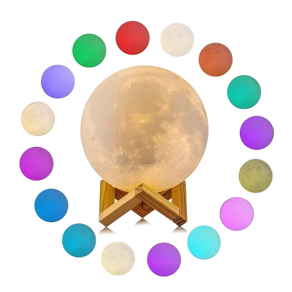 Lámpara de luna LED 16 colores de 15cm, con textura realista, en base de madera, ideal para crear ambientes relajantes.