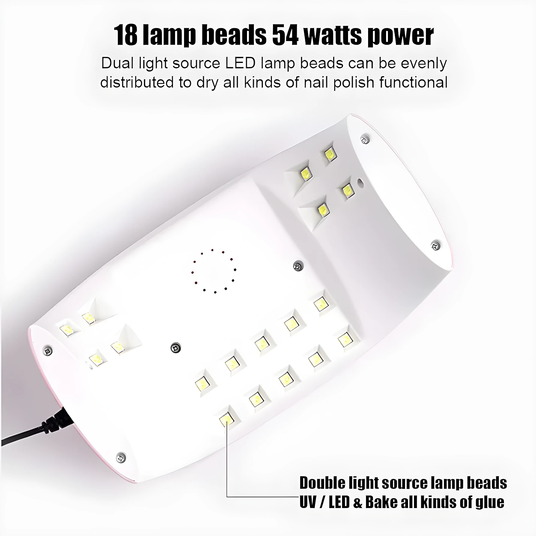 Lámpara LED para uñas 54W blanca, con 18 cuentas de luz dual UV/LED, ideal para secar todo tipo de esmaltes.