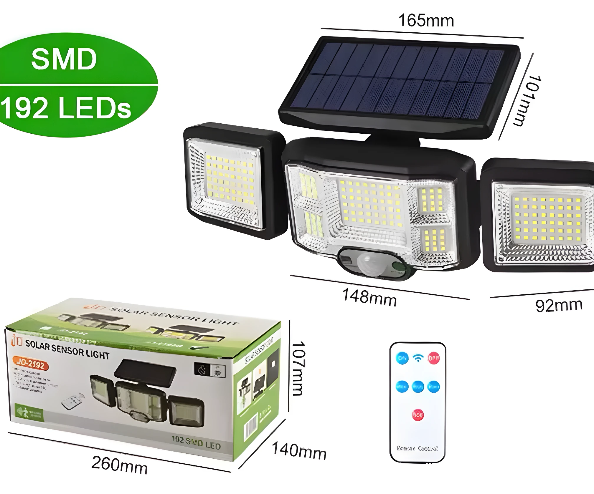 Lámpara solar 192 LED JD-2192 con 3 cabezales ajustables, sensor de movimiento e incluye control remoto.