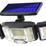 Lámpara solar 192 LED con 3 cabezales ajustables, panel solar y sensor de movimiento.