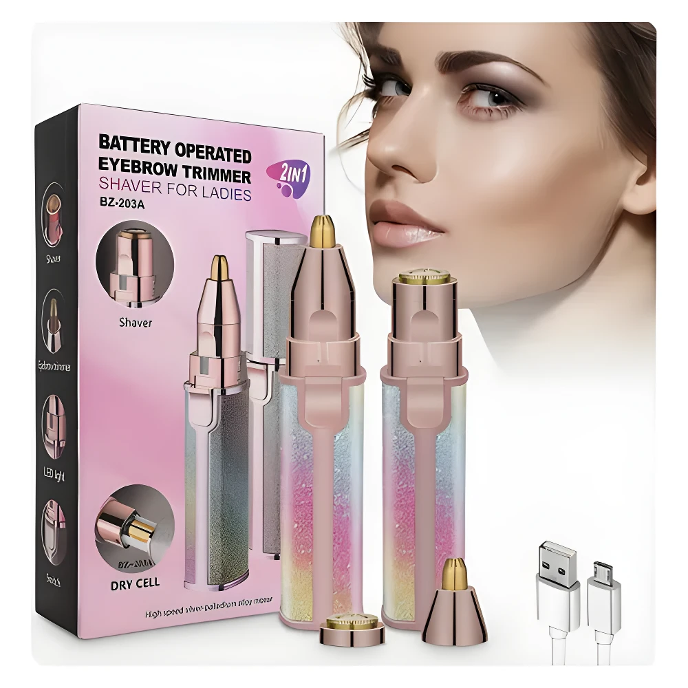 Set x2 depiladores faciales tipo lápiz, oro rosa y degradado, recargables USB, 2 en 1, para dama.